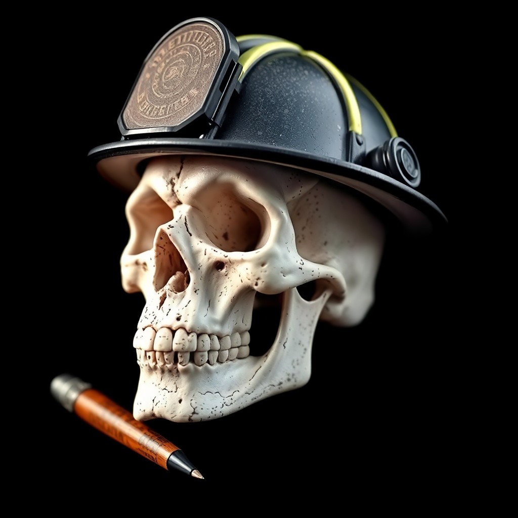 Weathered White skull with firefighter helmet in a pen media.