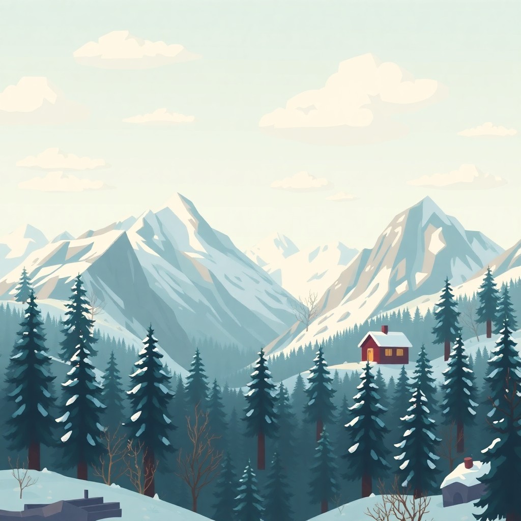 Create a Vintage Story Background of a winter scene in the mountains in a blocky voxel cartoon style..