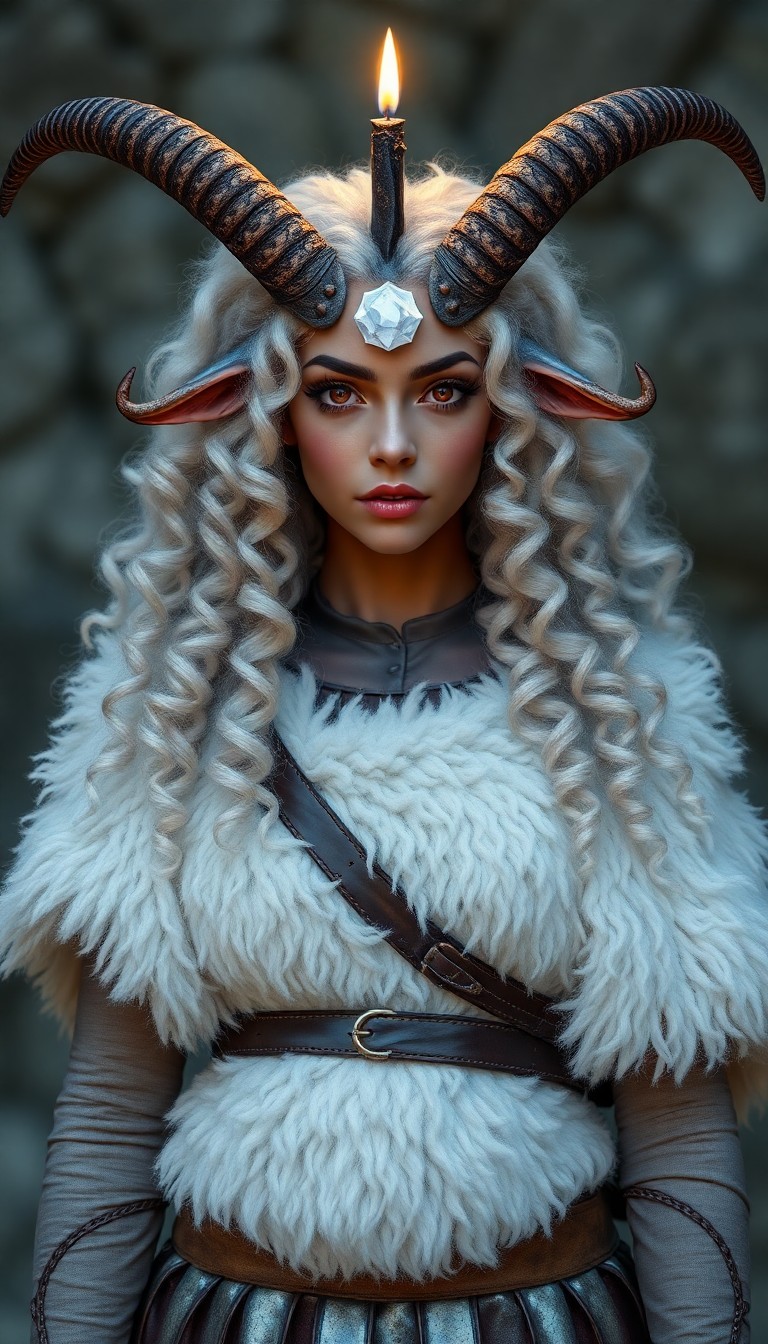 She looks like a young woman with a white crystal on her forehead, something like a third eye. On top of the crystal, a long black candle burns on her forehead. She is quite tall, 3 meters. She has long horns, growing out of her forehead like a goat. Long sheep ears that go up and down. Her skin is slightly dark, but with a blue tint, like frost. Red eyes without pupils, but white pupils appear when she is emotionally strong. She has white, curly, slightly blue, like snow-covered, fluffy hair, and soft like sheep's wool. She also has hooves with white fur instead of legs. She is dressed in a white fluffy tunic, light leather armor on top, and a long sheepskin on top of all this, and wears brown leather pants on her legs.