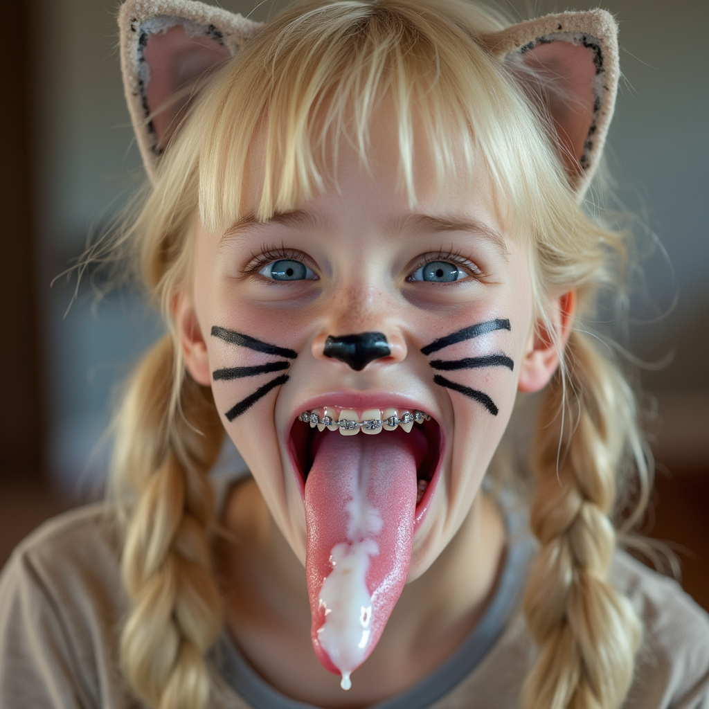 18 year old girl opening her mouth, sticking out her really long tongue, smiling, and blushing. She has braces on all of her teeth and blue eyes. She has blonde hair with long pigtails. She has black whiskers painted on her face and is wearing cat ears for her cat Halloween costume. her really long tongue is wet with saliva. there is white condensed milk on her tongue