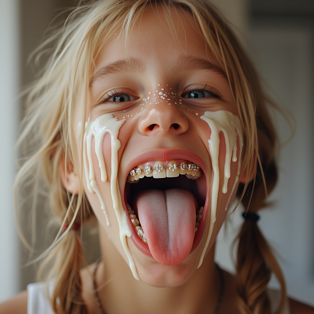 close up of an 18 year old teenage blonde girl with pigtails sticking out her long tongue. she has braces on her teeth and condensed milk on her face