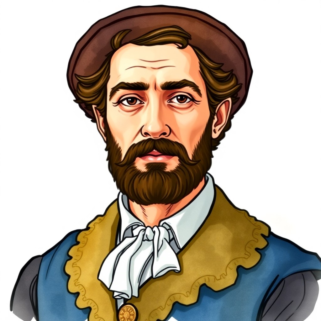 Generate an image of a middle-class 10th-century Bavarian aristocrat in the 30s or 35s in watercolor style