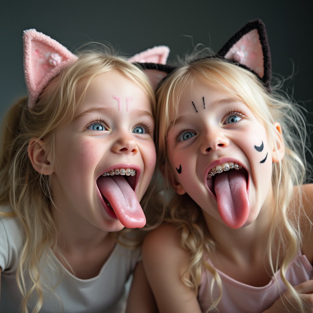 two cute blonde Caucasian girls and blue eyes are opening their mouth wide, smiling, and sticking their extremely long tongues out. their cheeks are flushed. they have braces on their teeth. They have pigtails. They do not look like each other, and one girl is older. They are unbelievably close to the camera. It is brightly lit. high definition 4K quality image. Each girl is wearing a different cat Halloween costume with face paint and ears. They are bending their necks diagonally and touching the bottom of their chins together. they are thinking about delicious treats making them salivate. there is white condensed milk on their tongues