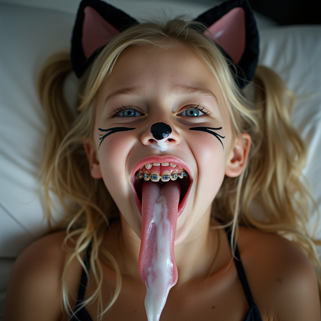 close up picture of an 18 year old girl opening her mouth, sticking out her long tongue, smiling, and blushing. She has braces on all of her teeth and blue eyes. She is laying on a bed and bending her head back. She has blonde hair with long pigtails. She has black whiskers painted on her face and is wearing cat ears for her cat Halloween costume. her really long tongue is wet with saliva. she has white condensed milk on her tongue