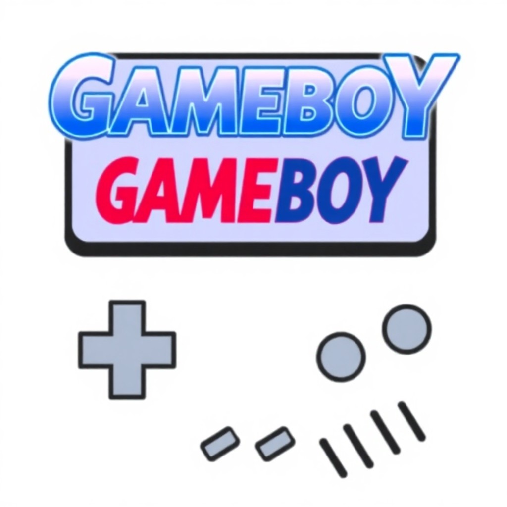 Please generate a picture with the inscription "GAMEBOY" with a color transition from red to blue with a black outline and a transparent background