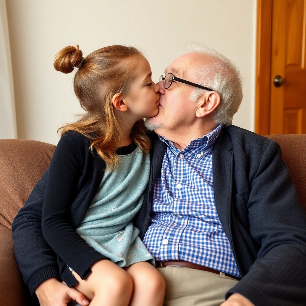 A beautiful twelve-year-old girl is sitting on an elderly man's lap, kissing him on the lips.
