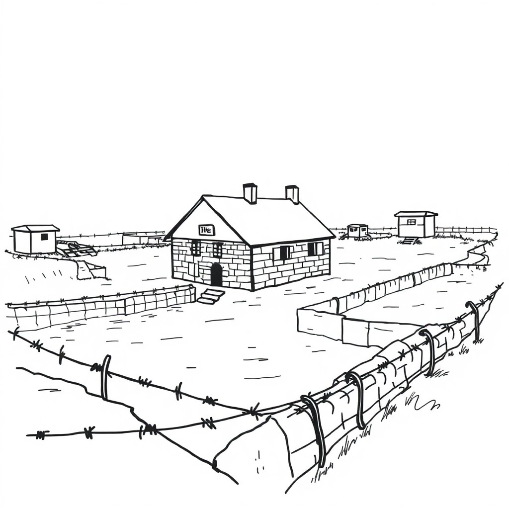 draw a building surrounded by trenches surrounded by pillboxes surrounded by barbed wire