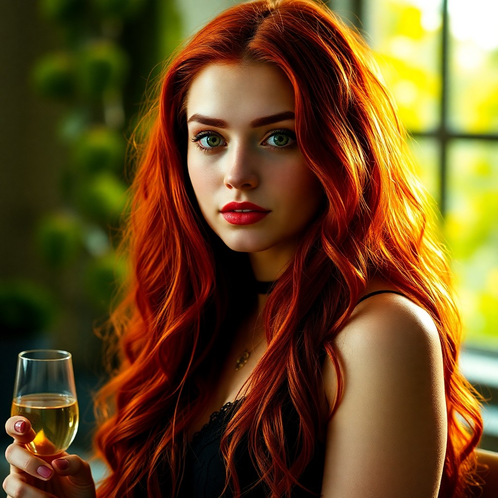 sexy girl with long red hair, golden eyes. in Harry Potter style. for a bachelorette party