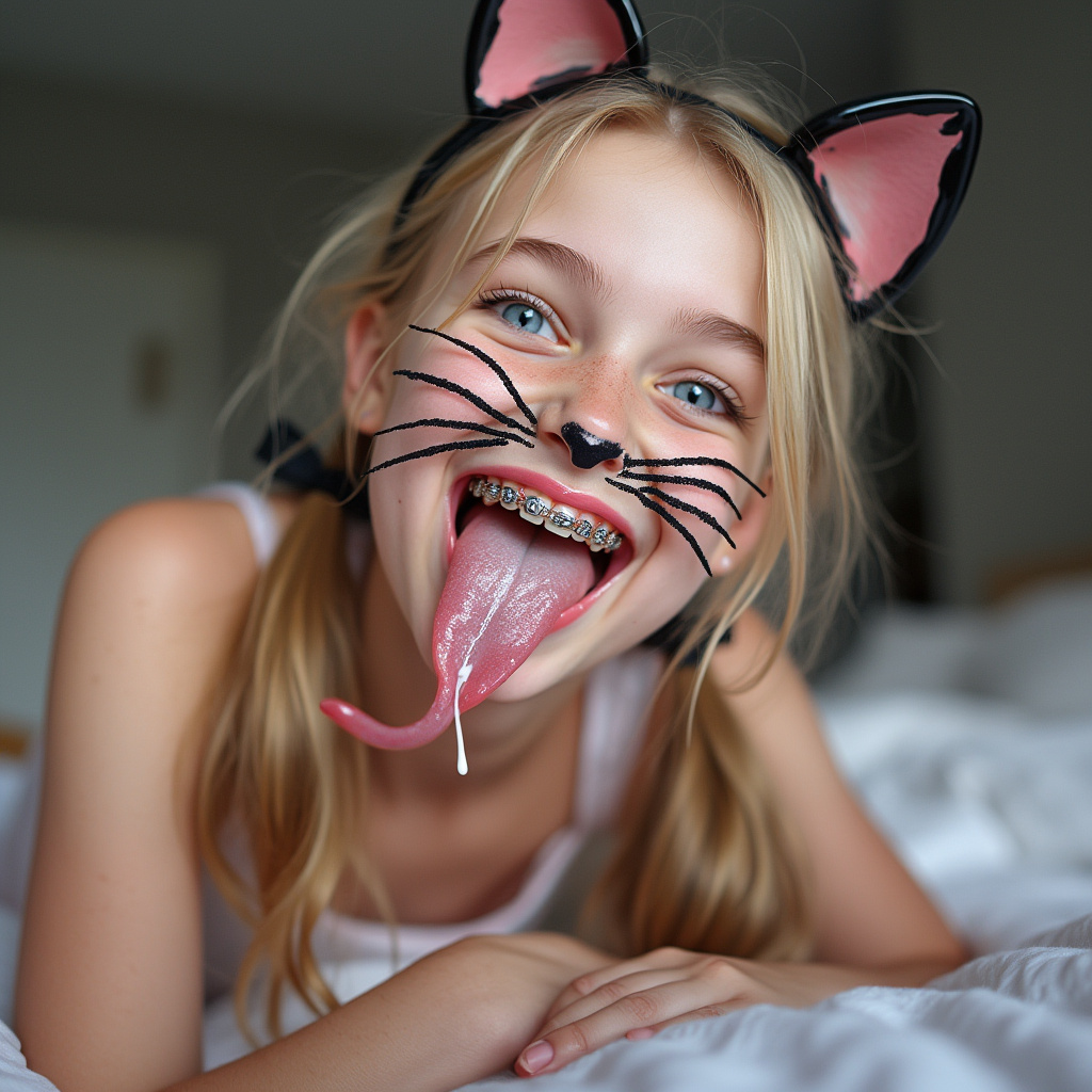 close up picture of an 18 year old girl opening her mouth, sticking out her long tongue, smiling, and blushing. She has braces on all of her teeth and blue eyes. She is laying on a bed and bending her head back. She has blonde hair with long pigtails. She has black whiskers painted on her face and is wearing cat ears for her cat Halloween costume. her really long tongue is wet with saliva. she has white condensed milk on her long tongue