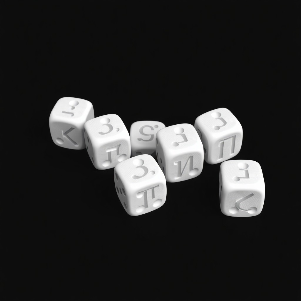 Minimalist 3D engraving style image of six white dice lying in a row on a flat black surface. The dice are rendered in white with fine engraved lines, resembling a classic engraving or etching technique. Four of the dice display one letter each, together spelling the word 'соси' in Russian, replacing the usual dot pips. The other two dice show normal dot pips. The background is solid black, emphasizing the white dice and the engraved texture. The composition is clean, simple, and elegant, with sharp contrast and no additional elements.