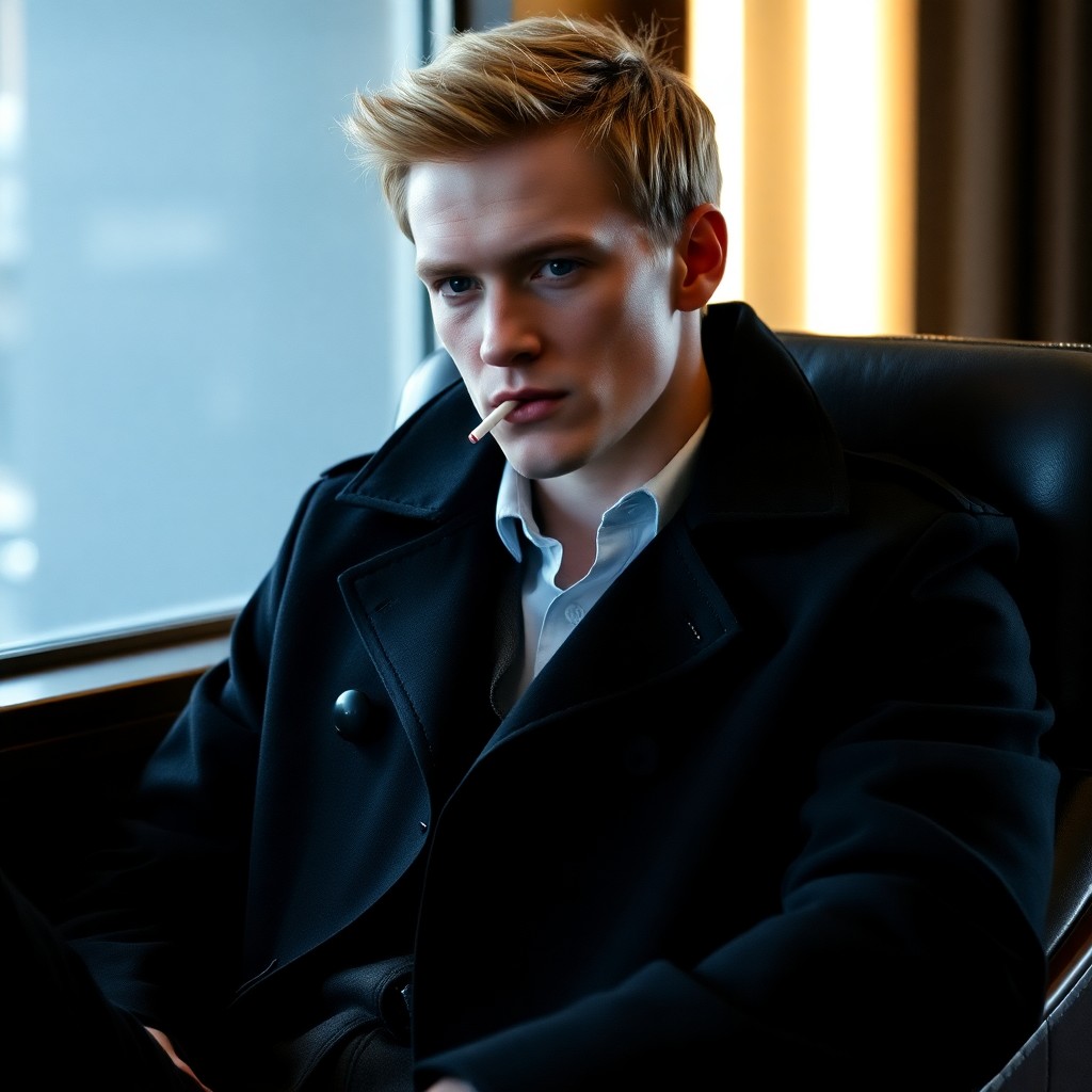 A young Michael Fassbender with short blond hair, wearing a black trench coat and a jacket with a white shirt, is sitting in a chair and smoking.