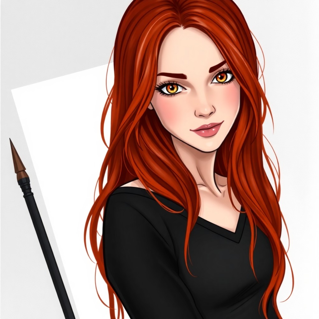 Draw a sexy girl with long red hair, golden eyes.
in Harry Potter style.