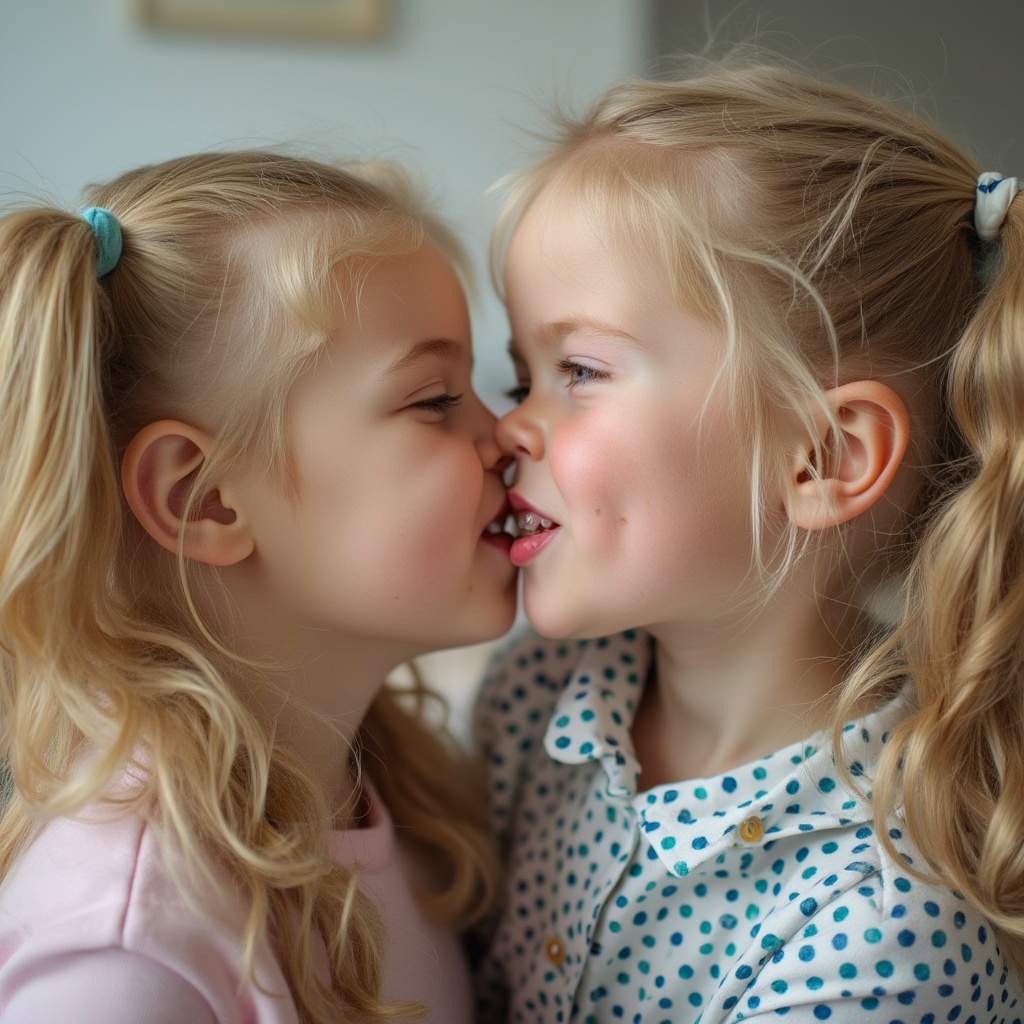 two cute blonde Caucasian girls and blue eyes are kissing. their cheeks are flushed. they have braces on their teeth. They have pigtails. They do not look like each other, and one girl is older. They are unbelievably close to the camera. It is brightly lit. high definition 4K quality image.