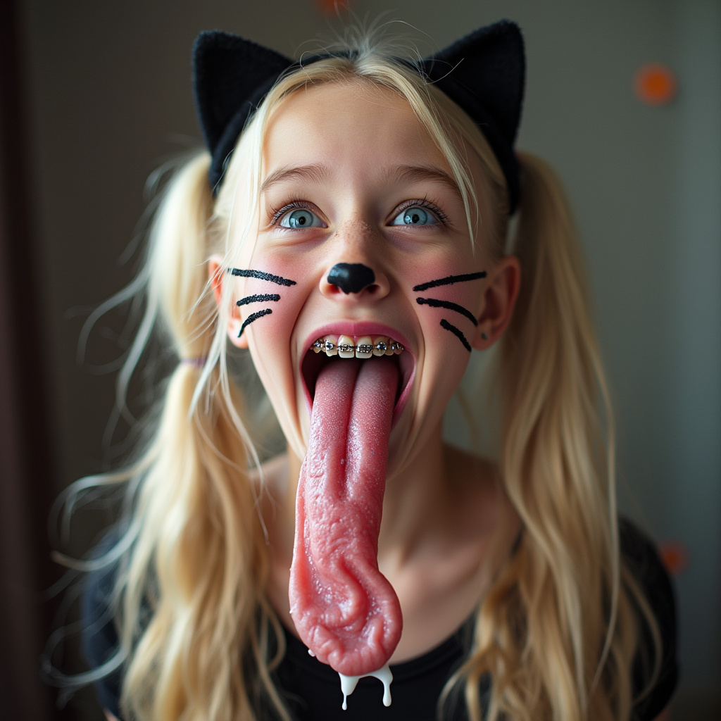18 year old girl opening her mouth, sticking out her really long tongue, smiling, and blushing. She has braces on all of her teeth and blue eyes. She has blonde hair with long pigtails. She has black whiskers painted on her face and is wearing cat ears for her cat Halloween costume. her really long tongue is wet with saliva. there is white condensed milk on her tongue