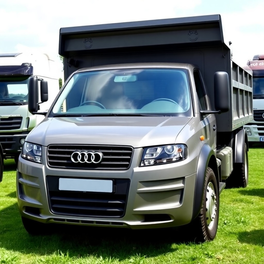 2005 Audi A2 is transformed into a new heavy dump bonnet truck, with a cabin behind the engine, with elements of the corporate style, windshield pillars and hood lines, the location of optics, with the original radiator grille with the corporate logo Audi, stands on the lawn at the summer auto show among other trucks, three quarter view, any color