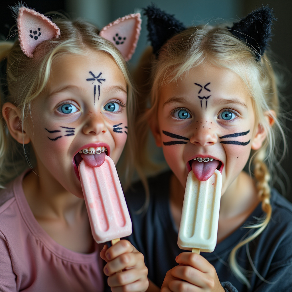 two blonde Caucasian girls with blue eyes are sticking their really long tongues out and sharing a long push pop. their cheeks are flushed. they have braces on their teeth. They have pigtails. They do not look like each other, and one girl is older. They are unbelievably close to the camera. It is brightly lit. high definition 4K quality image. Each girl is wearing a different cat Halloween costume with face paint and ears.