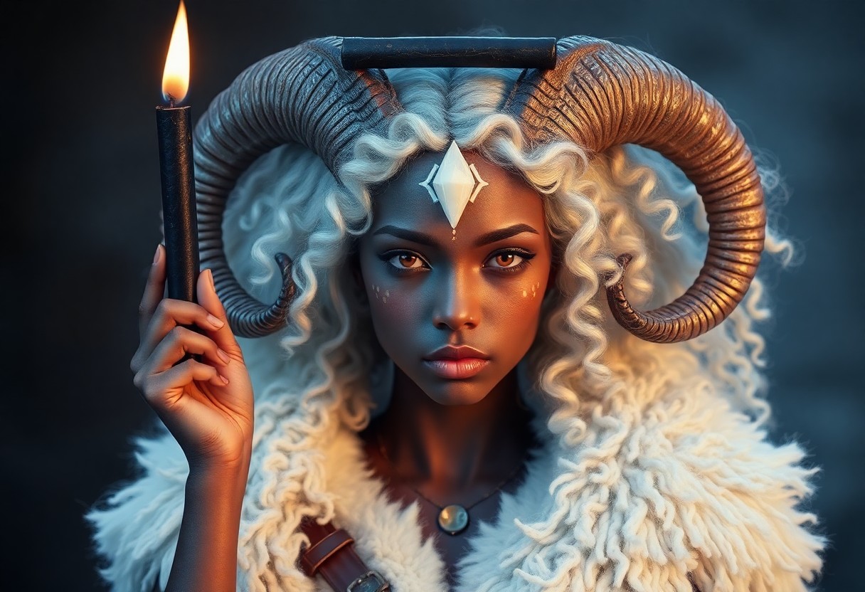She looks like a young woman with a white crystal on her forehead, something like a third eye. On top of the crystal, a long black candle burns on her forehead. She is quite tall, 3 meters. She has long horns, growing out of her forehead like a goat. Long sheep ears that go up and down. Her skin is slightly dark, but with a blue tint, like frost. Red eyes without pupils, but white pupils appear when she is emotionally strong. She has white, curly, slightly blue, like snow-covered, fluffy hair, and soft like sheep's wool. She also has hooves with white fur instead of legs. She is dressed in a white fluffy tunic, light leather armor on top, and a long sheepskin on top of all this, and wears brown leather pants on her legs.