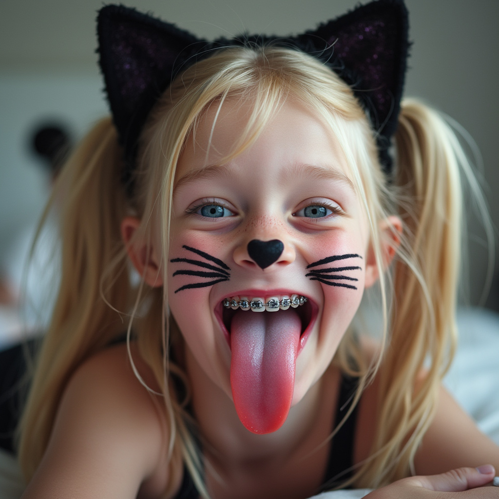 close up picture of an 18 year old girl opening her mouth, sticking out her long tongue, smiling, and blushing. She has braces on all of her teeth and blue eyes. She is laying on a bed and bending her head back. She has blonde hair with long pigtails. She has black whiskers painted on her face and is wearing cat ears for her cat Halloween costume. her really long tongue is wet with saliva.