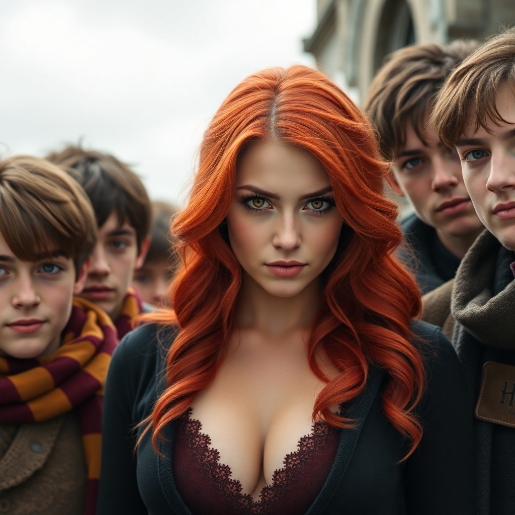 Picture of sexy red haired gryffindor girl with golden eyes surrounded by handsome hogwarts guys.