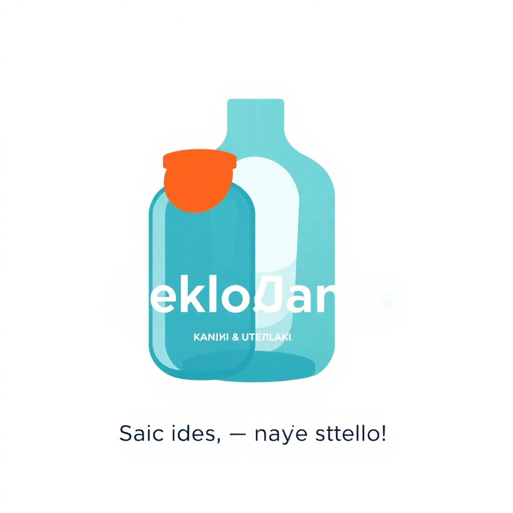 A modern minimalist logo for a glass jar and bottle store called 'StekloБанка'. The design should include:
Abstract silhouette of a glass jar and bottle made of geometric shapes to mimic light refraction.
Additional elements: A stylized cork or lid (circular) in a bright accent color (orange/coral).
Glass effect: Transparent blue or teal gradient, subtle white highlights to create a glassy feel.
Typography: Bold, clean sans-serif font (like Helvetica or Futura) with the text 'StekloБанка' and a subtitle 'Банки & Бутылки'.
Slogan: 'Ваши идеи – наше стекло' integrated as a small label or under the main text.
Color palette: Primary – transparent teal/blue; Accent – vibrant orange/coral; Background – white or light gray.
Style: Flat vector design with minimal details, modern and sleek. photorealism. High contrast for digital use.