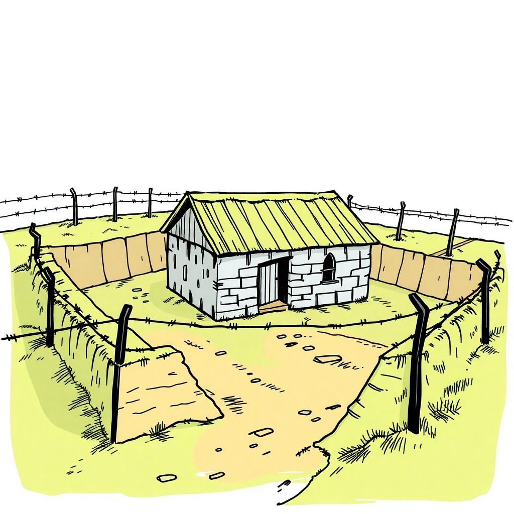 draw a building surrounded by trenches and barbed wire