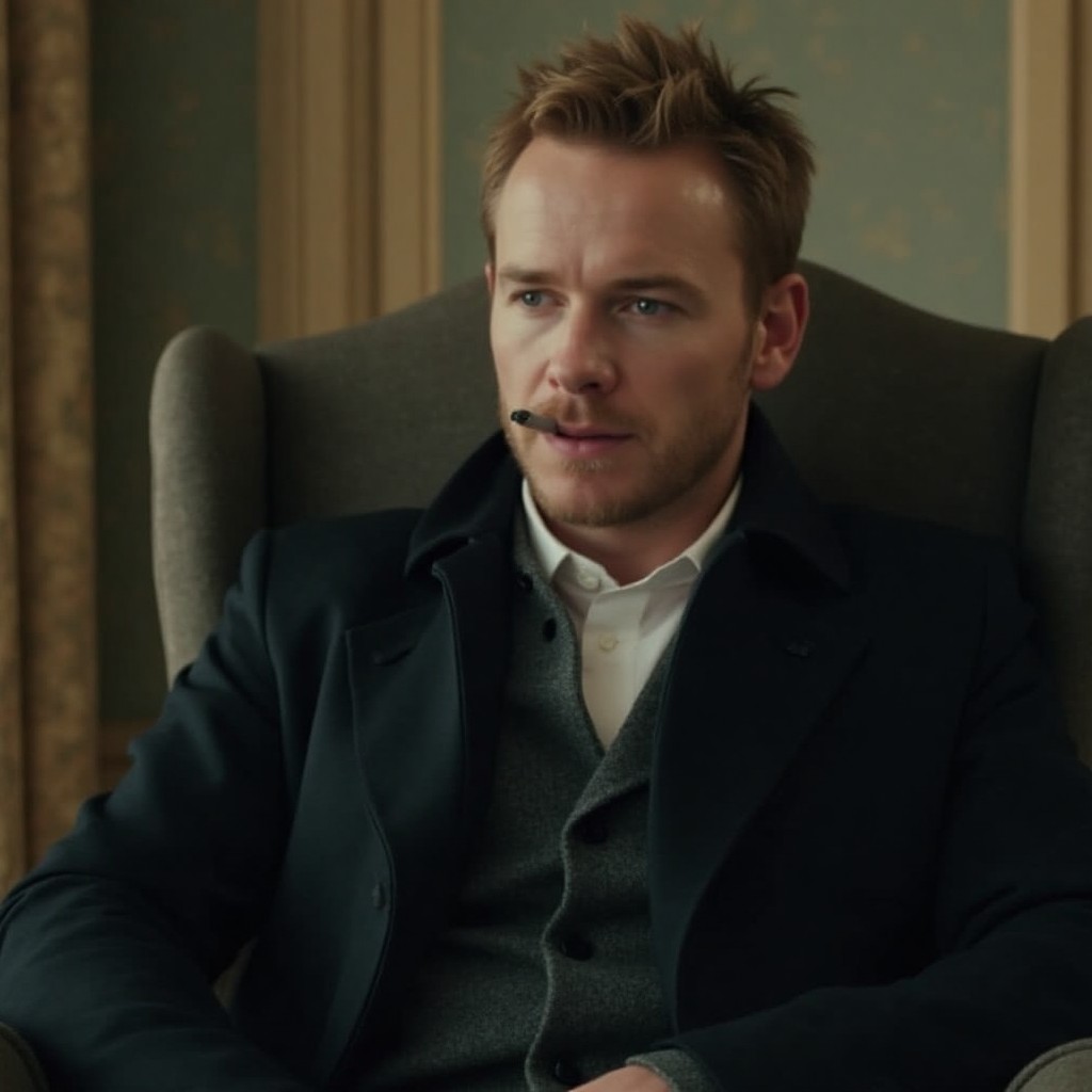 Michael Fassbender with short blond hair, wearing a black trench coat and a jacket with a white shirt, is sitting in a chair and smoking.