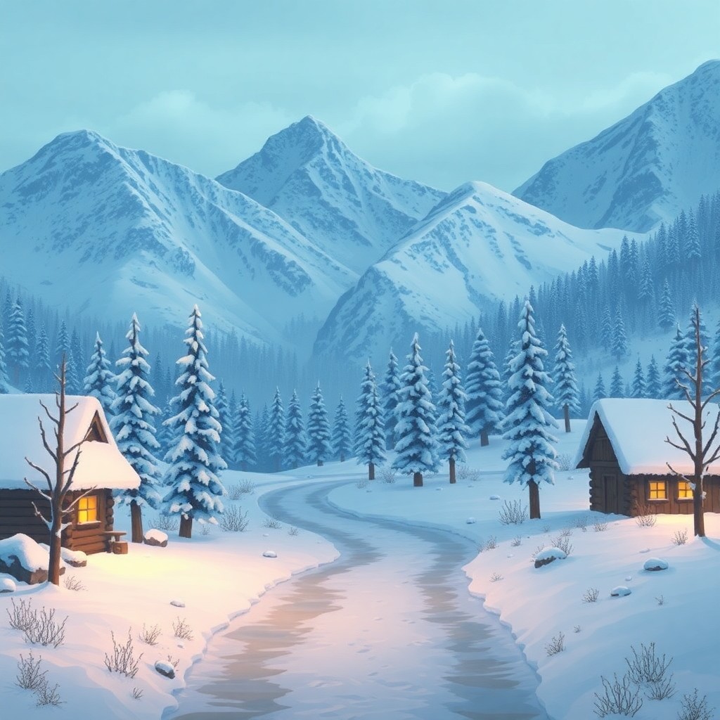 Create a winter scene in the style of the game Vintage Story. The scene is set in the mountains in the winter.