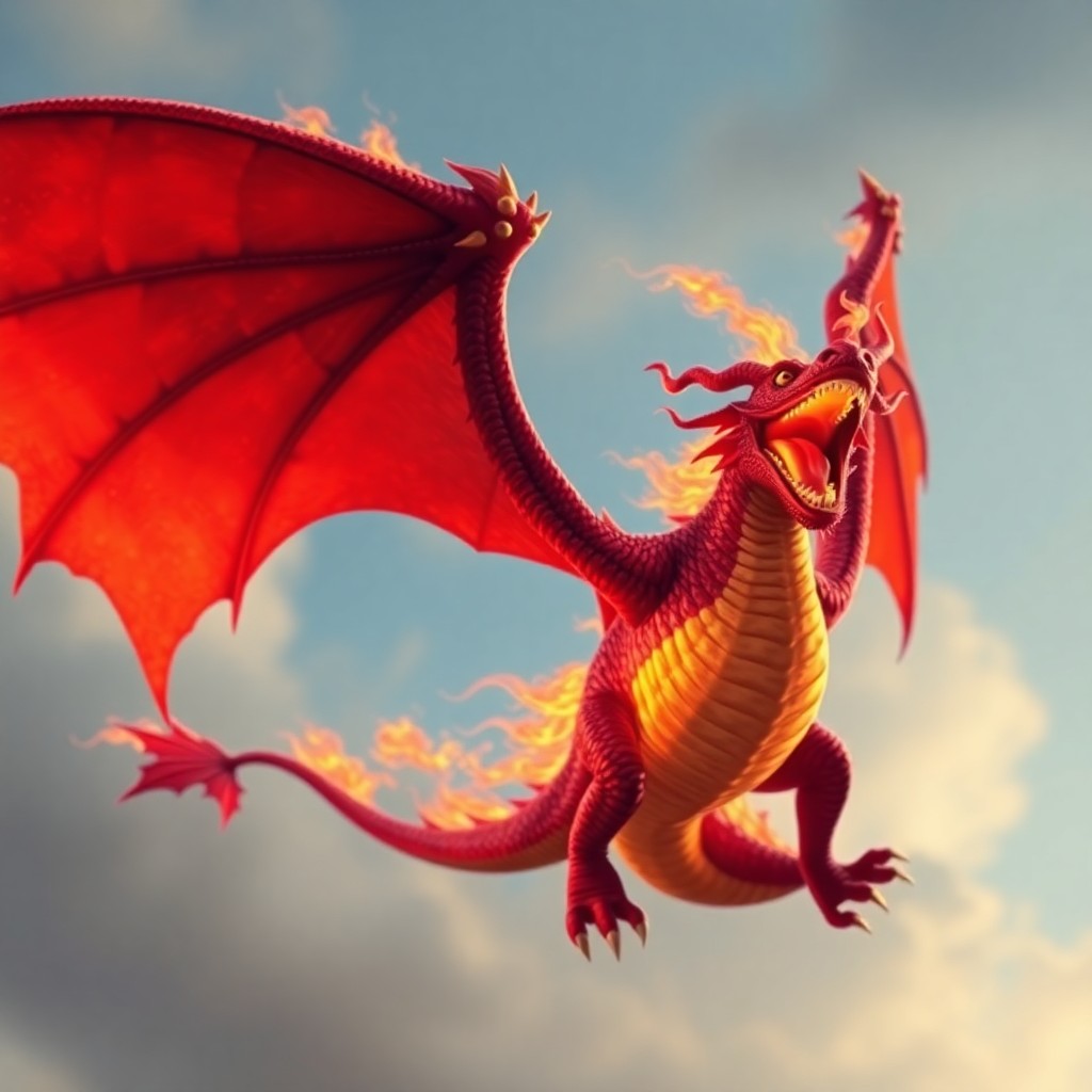 a fearsome fire-breathing dragon with spread wings flying through the sky