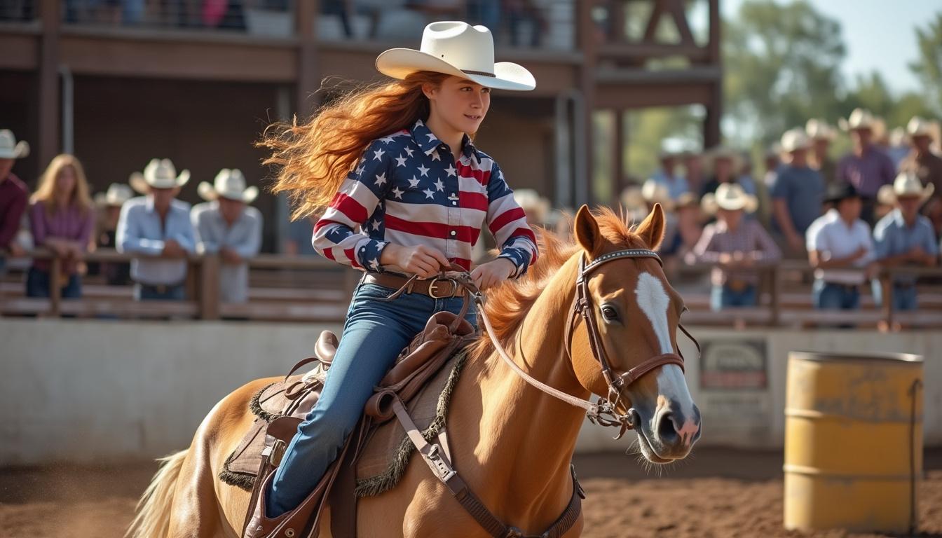 An 18 year old girl wearing a white cowboy hat, cowboy boots, blue jeans and an American flag themed western show shirt riding a palomino horse during a barrel race. She has long red flowing hair. The horse is making a turn around a barrel. Photo realistic. There is a crowd of people in the background watching wearing a variety of western wear.