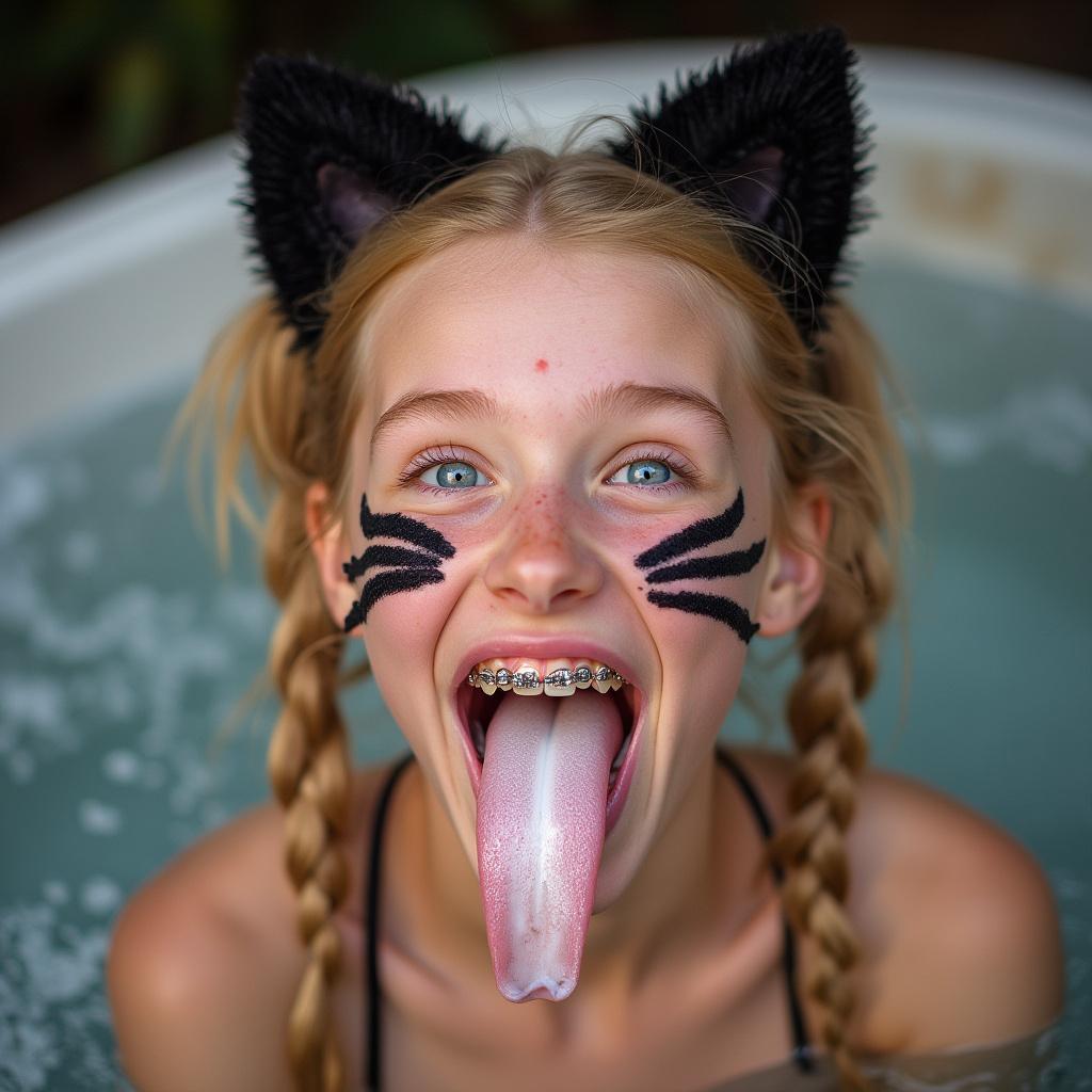 close up picture of an 18 year old girl opening her mouth, sticking out her long tongue, smiling, and blushing. She has braces on all of her teeth and blue eyes. She is in a hottub looking up at the camera. She has blonde hair with long pigtails. She has black whiskers painted on her face and is wearing cat ears for her cat Halloween costume. her really long tongue is wet with saliva. There is white condensed milk on her long tongue.