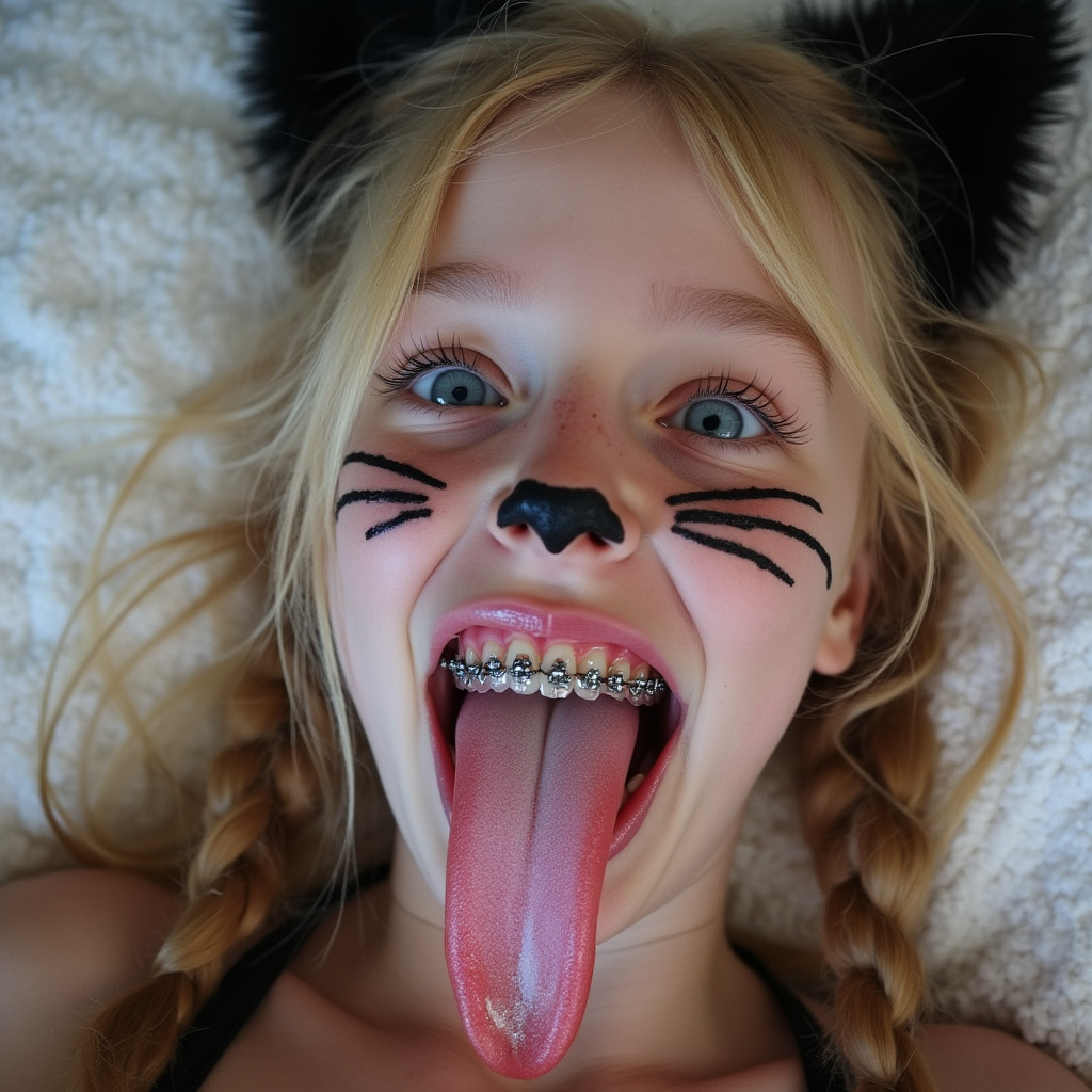 18 year old girl opening her mouth, sticking out her really long tongue, smiling, and blushing. She has braces on all of her teeth and blue eyes. She has blonde hair with long pigtails. She has black whiskers painted on her face and is wearing cat ears for her cat Halloween costume. her really long tongue is wet with saliva. there is white condensed milk on her tongue. she is laying down with her head on a pillow