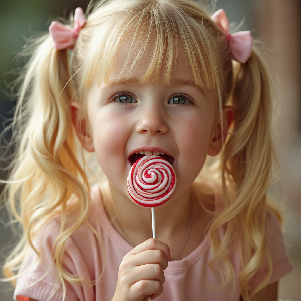 blonde girl with pigtails licking a lollipop