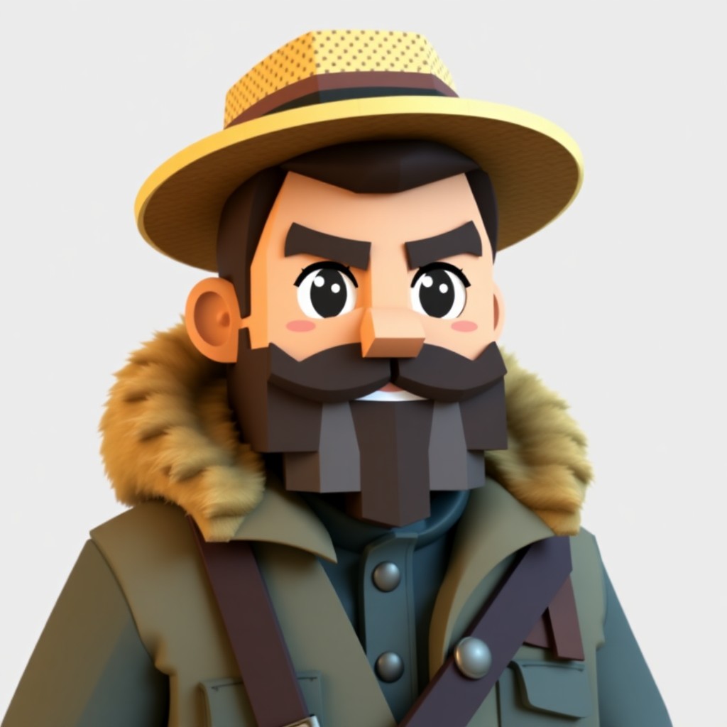 Create an avatar in a blocky voxel style based on the Vintage Story clockmaker class. The avatar has a beard, a wild look in his eyes and is wearing a fur parka and straw hat.