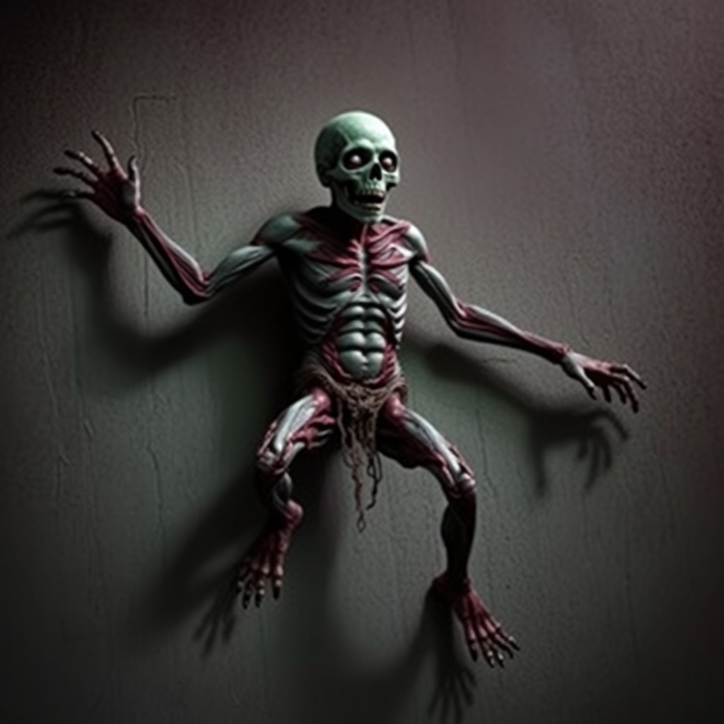 the concept of a mutant zombie, human body parts must be preserved, stands on four limbs, can crawl on walls