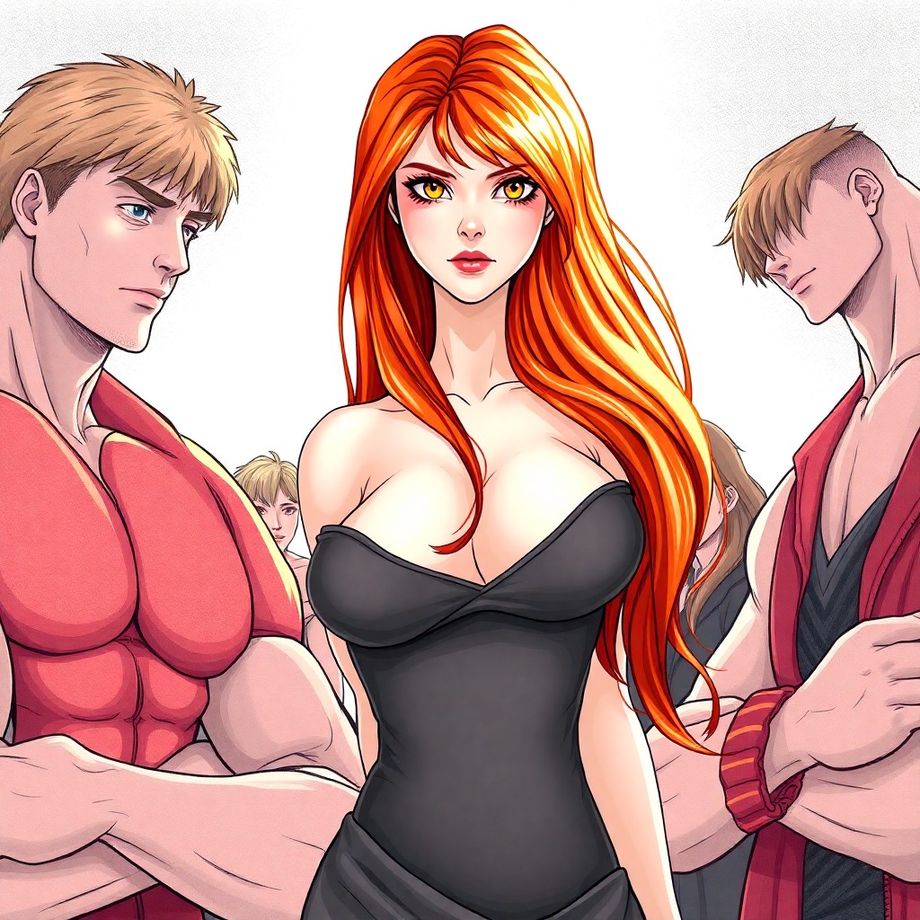 Draw a sexy girl with long red hair, golden eyes. surrounded by pumped up guys in Harry Potter style.