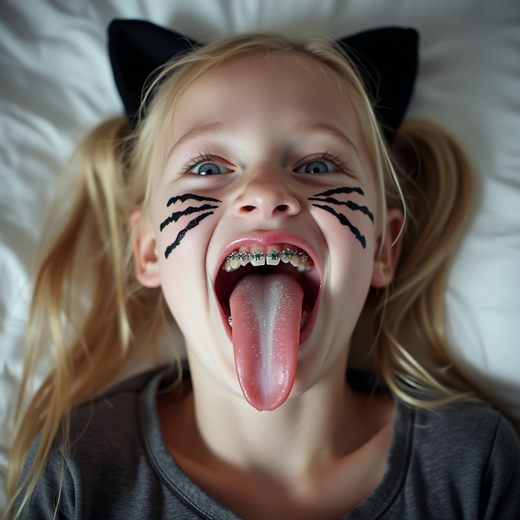 close up picture of an 18 year old girl opening her mouth, sticking out her long tongue, smiling, and blushing. She has braces on all of her teeth and blue eyes. She is laying on a bed and bending her head back. She has blonde hair with long pigtails. She has black whiskers painted on her face and is wearing cat ears for her cat Halloween costume. her cheeks are flushed. her really long tongue is wet with saliva. she has white condensed milk on her long tongue
