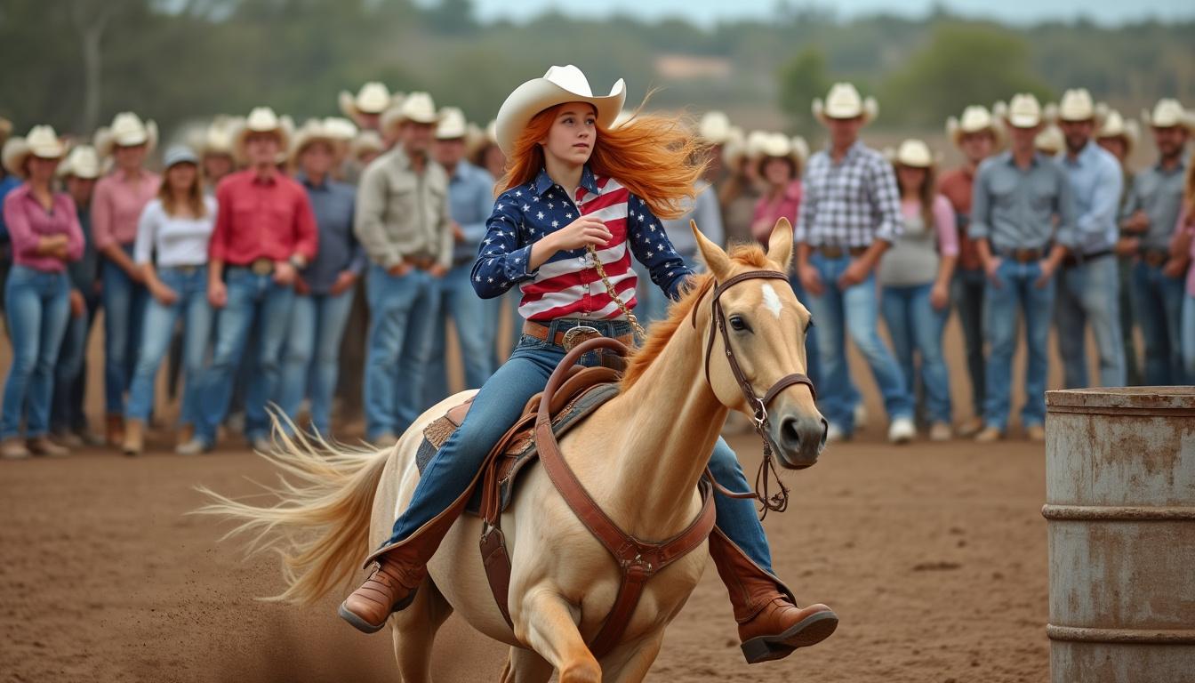 An 18 year old girl wearing a white cowboy hat, cowboy boots, blue jeans and an American flag themed western show shirt riding a palomino horse during a barrel race. She has long red flowing hair. The horse is running and making a tight turn around a barrel. Photo realistic. There is a small crowd of male and female spectators in the background, consisting of adults and children, watching wearing a variety of western wear.