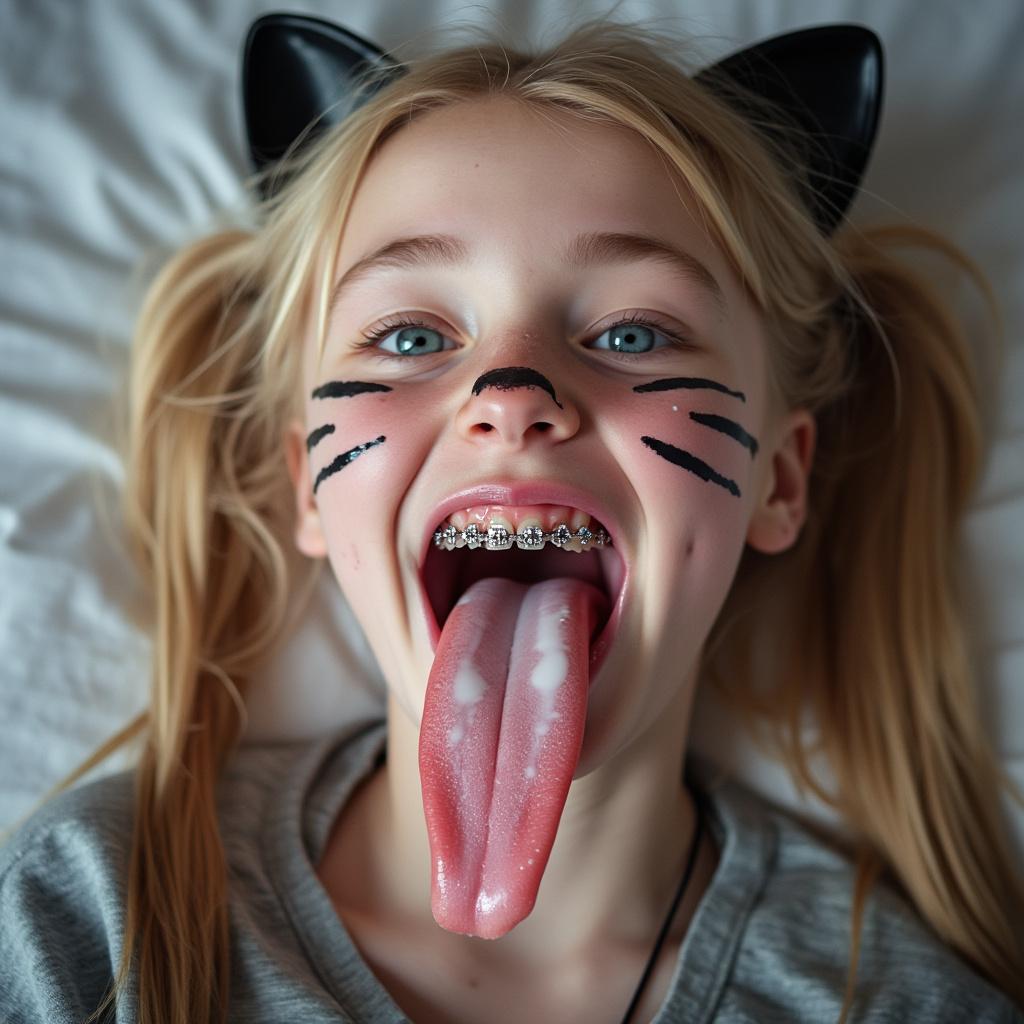 close up picture of an 18 year old girl opening her mouth, sticking out her long tongue, smiling, and blushing. She has braces on all of her teeth and blue eyes. She is laying on a bed and bending her head back. She has blonde hair with long pigtails. She has black whiskers painted on her face and is wearing cat ears for her cat Halloween costume. her really long tongue is wet with saliva. There is white condensed milk on her long tongue