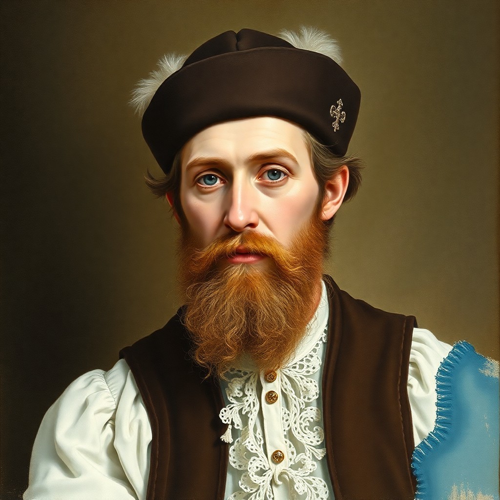 Generate an image of a middle-class 10th-century Bavarian aristocrat in his 30s or 35s in watercolor style. Now make it look like a painting by Rembrandt