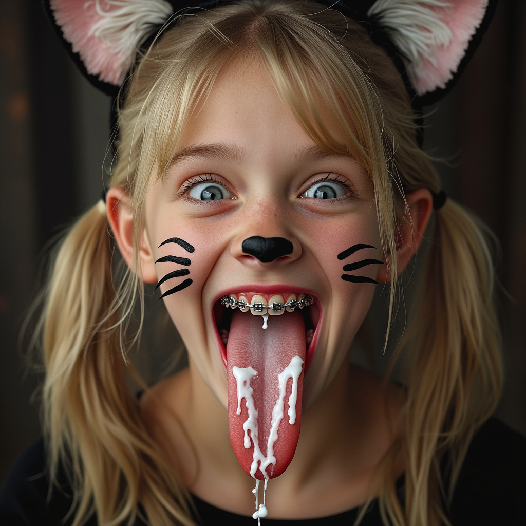 18 year old girl opening her mouth, sticking out her really long tongue, smiling, and blushing. She has braces on all of her teeth and blue eyes. She has blonde hair with long pigtails. She has black whiskers painted on her face and is wearing cat ears for her cat Halloween costume. her really long tongue is wet with saliva. there is white condensed milk on her tongue
