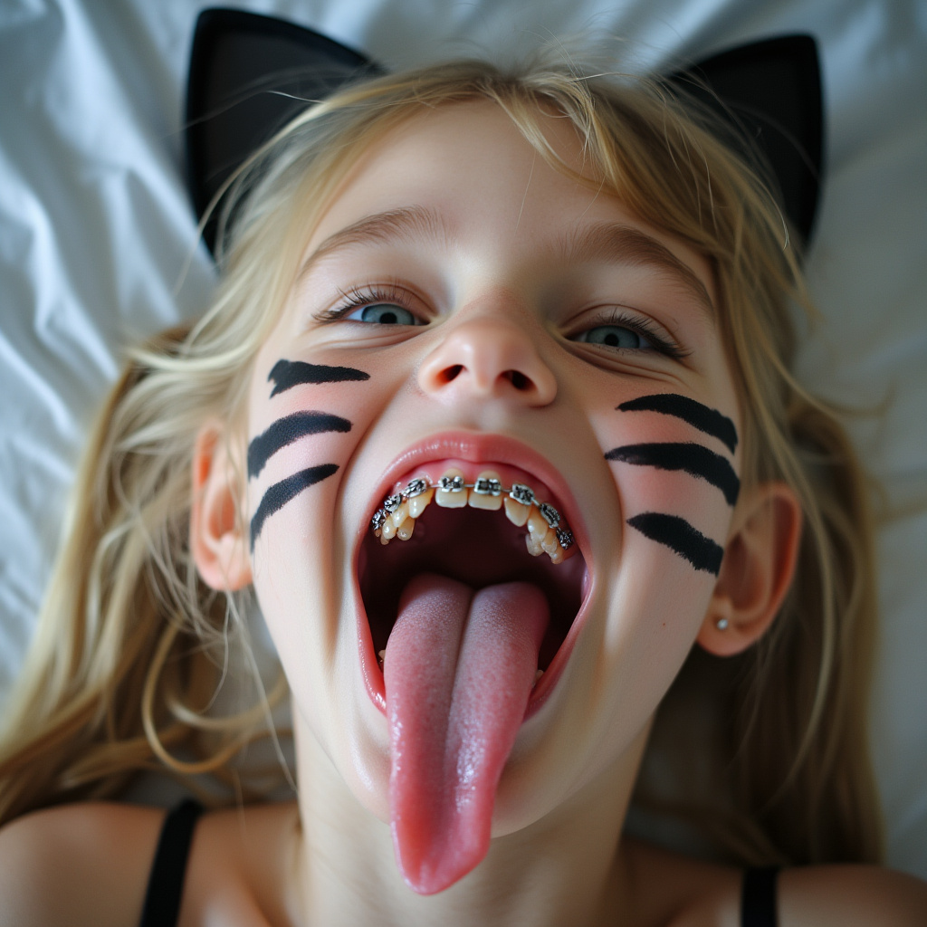 close up picture of an 18 year old girl opening her mouth, sticking out her long tongue, smiling, and blushing. She has braces on all of her teeth and blue eyes. She is laying on a bed and bending her head back. She has blonde hair with long pigtails. She has black whiskers painted on her face and is wearing cat ears for her cat Halloween costume. her really long tongue is wet with saliva.
