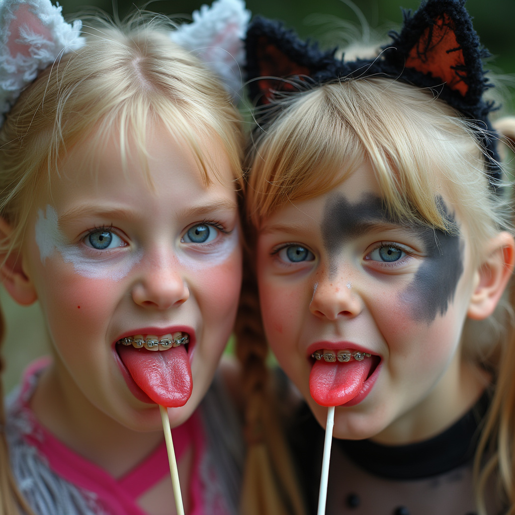 two blonde Caucasian girls with blue eyes are sticking their really long tongues out and licking the same lollipop. their cheeks are flushed. they have braces on their teeth. They have pigtails. They do not look like each other, and one girl is older. They are unbelievably close to the camera. It is brightly lit. high definition 4K quality image. Each girl is wearing a different cat Halloween costume with face paint and ears.