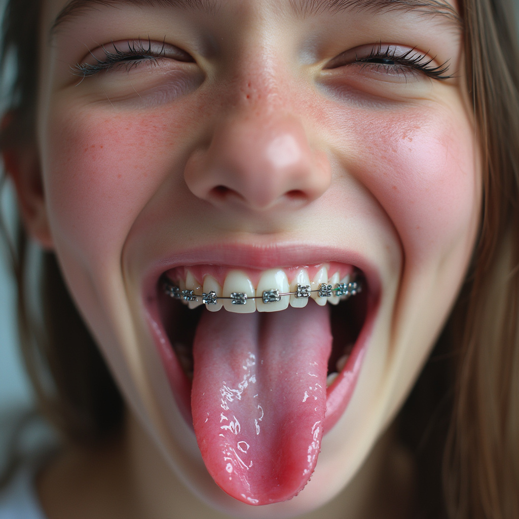 close up picture of an 18 year old girl opening her mouth, sticking out her long tongue, smiling, and blushing. She has braces on all of her teeth and blue eyes. her really long tongue is wet with saliva. She is crossing her eyes