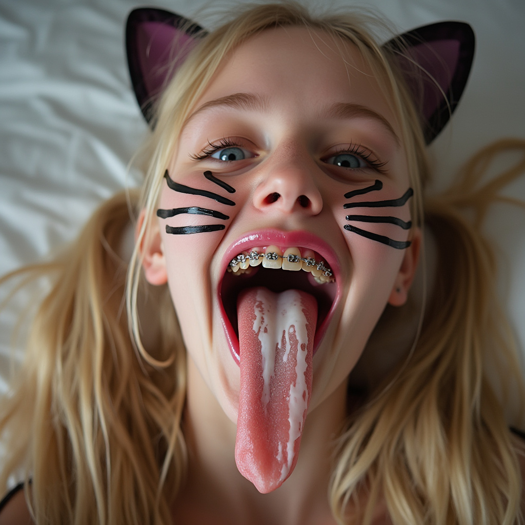 close up picture of an 18 year old female opening her mouth, sticking out her long tongue, smiling, and blushing. She has braces on all of her teeth and blue eyes. She is laying on a bed and bending her head back. She has blonde hair with long pigtails. She has black whiskers painted on her face and is wearing cat ears for her cat Halloween costume. her cheeks are flushed. her really long tongue is wet with saliva. she has white condensed milk on her long tongue