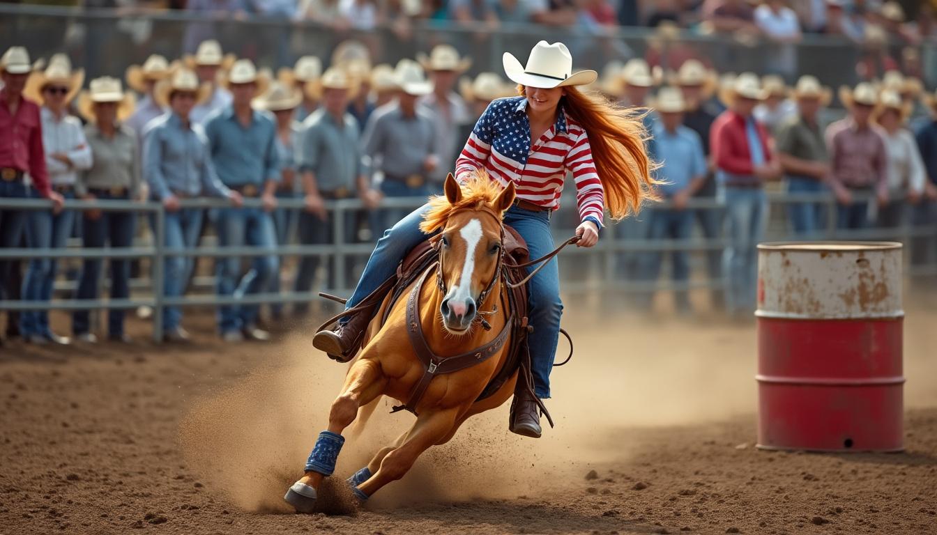 An 18 year old girl wearing a white cowboy hat, cowboy boots, blue jeans and an American flag themed western show shirt riding a palomino horse during a barrel race. She has long red flowing hair. The horse is running and making a tight turn around a barrel. Photo realistic. There is a crowd of people in the background watching wearing a variety of western wear.