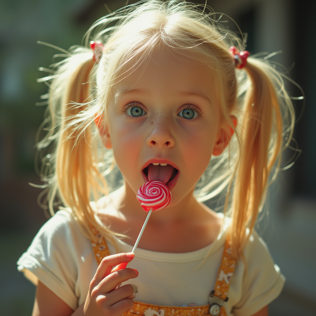 blonde girl with pigtails sticking out her long tongue and licking a lollipop