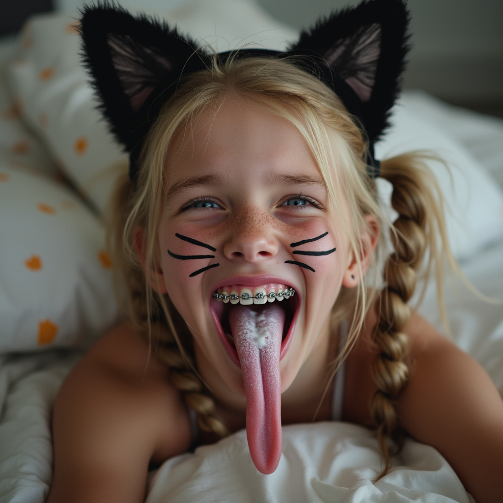 close up picture of an 18 year old girl opening her mouth, sticking out her long tongue, smiling, and blushing. She has braces on all of her teeth and blue eyes. She is laying on a bed and bending her head back on a pillow. She has blonde hair with long pigtails. She has black whiskers painted on her face and is wearing cat ears for her cat Halloween costume. her really long tongue is wet with saliva and white condensed milk