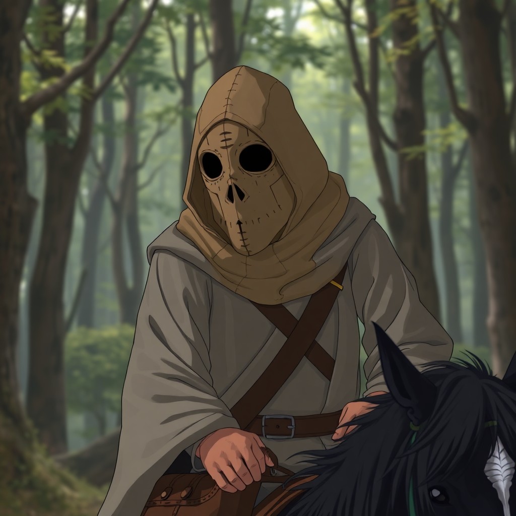 anime fantasy style image. A man wearing a gray healer's robe and a crooked mask of brown color, the mask is made of a bag, the holes for the mouth and eyes are cut out, there are also numerous stitches on the mask. Carries a bag of potions, belt over the opposite shoulder. Rides a black horse in a forest