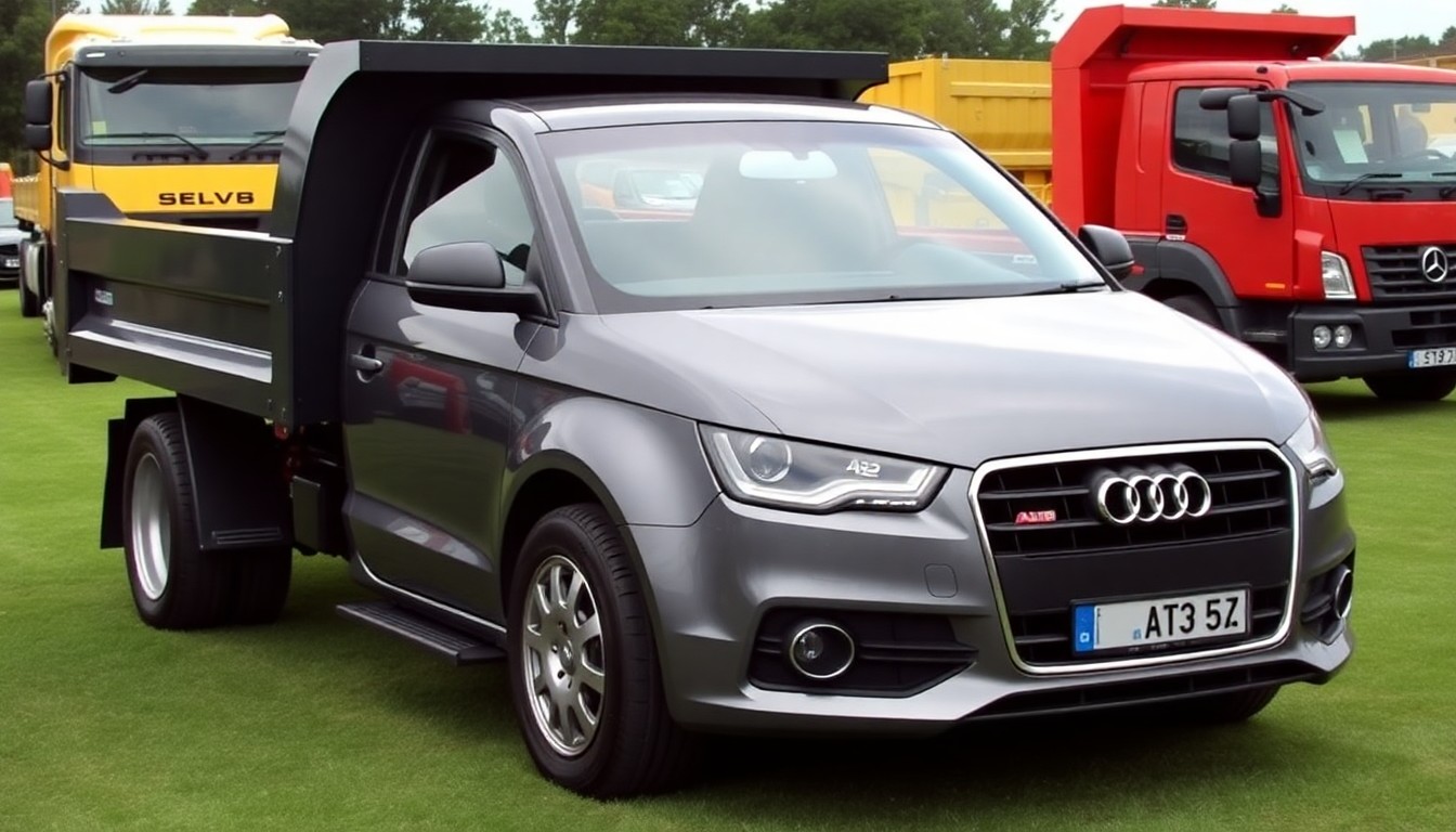 2005 Audi A2 is transformed into a new heavy dump bonnet truck, with a cabin behind the engine, with elements of the corporate style, windshield pillars and hood lines, the location of optics, with the original radiator grille with the corporate logo Audi, stands on the lawn at the summer auto show among other trucks, three quarter view, color