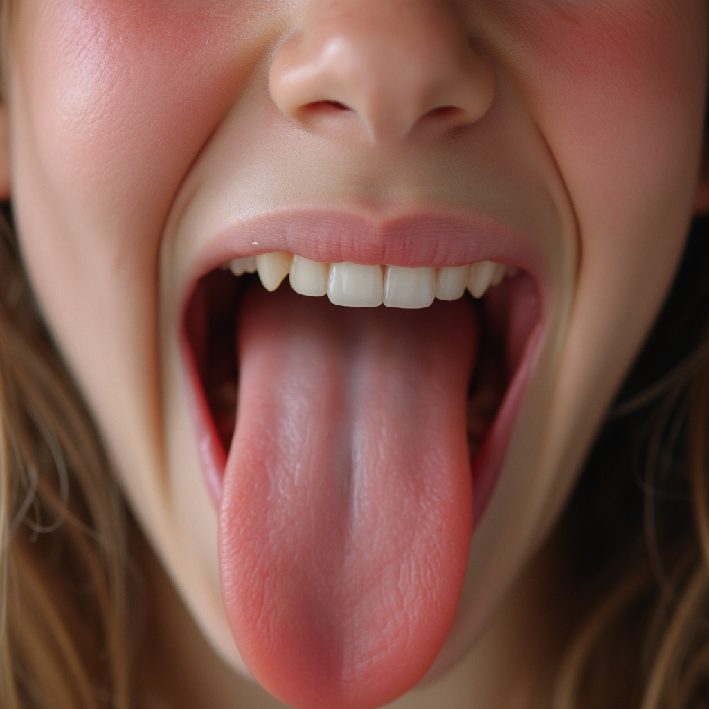 close up picture of an 18 year old girl opening her mouth, sticking out her long tongue, smiling, and blushing.